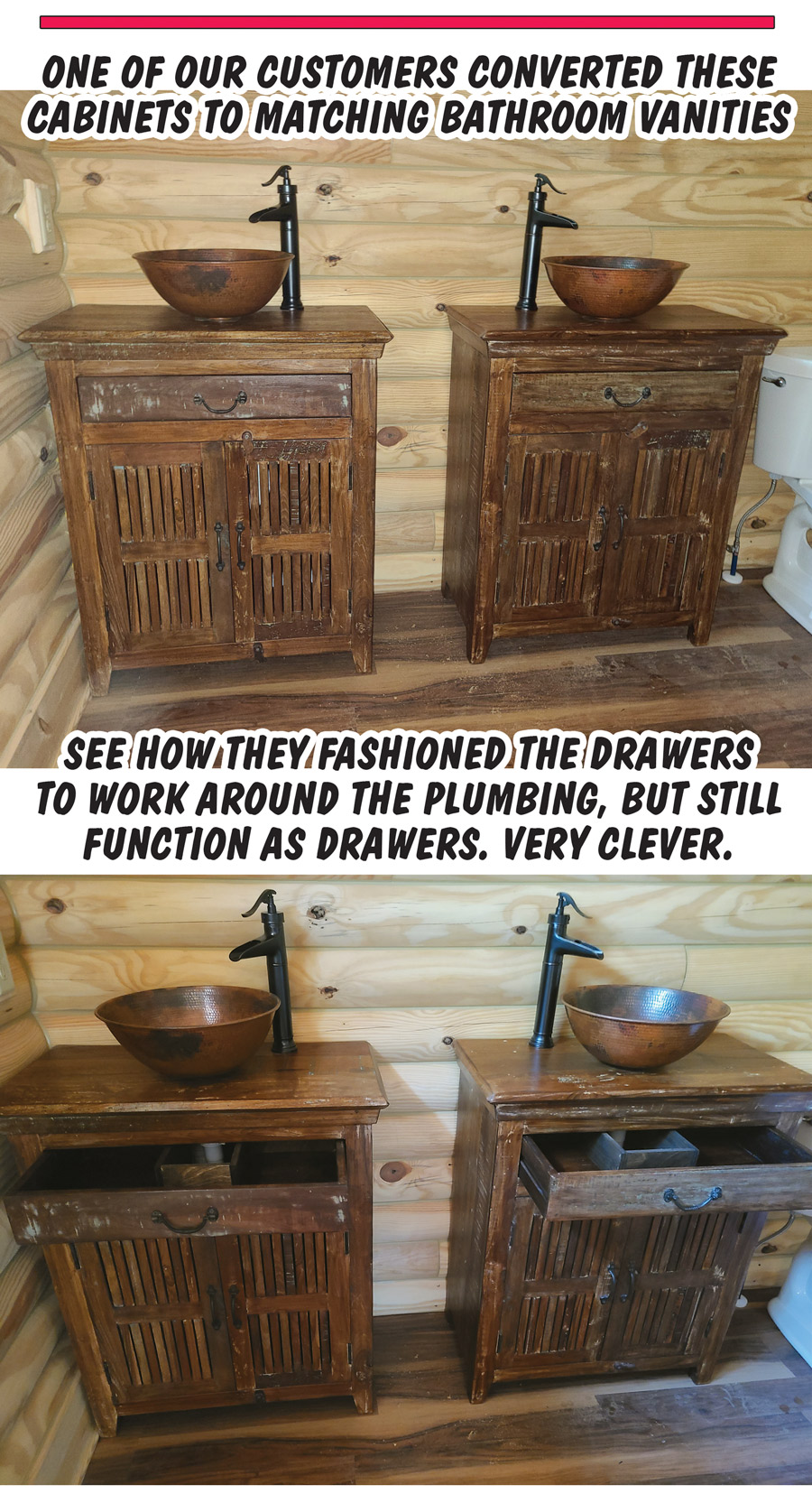 One of our customers converted these cabinets to matching bathroom vanities. See how they fashioned the drawers to work around the plumbing, but still function as drawers. Very clever. 