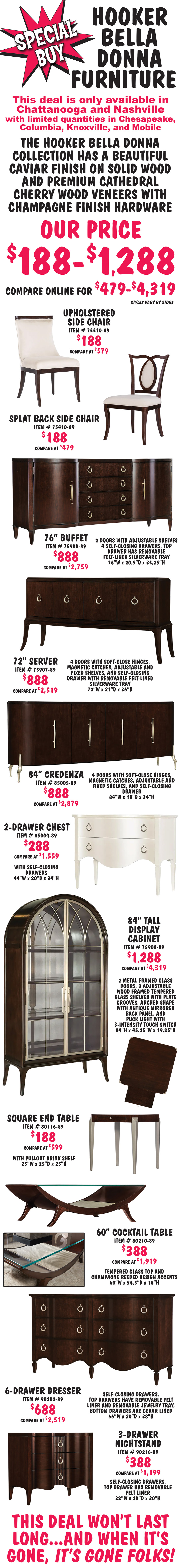 Special Buy Hooker Bella Donna Furniture our price $188 to $1,288, compare online for $479 to $4,319, styles vary by store. Only available in Chattanooga and Nashville, with limited quantities in Chesapeake, Columbia, Knoxville, and Mobile. This deal won’t last long, and when it’s gone, it’s gone folks! The Hooker Bella Donna collection has a beautiful caviar finish on solid wood and premium cathedral cherry wood veneers with champagne finish hardware. Upholstered Side Chair $188, compare at $579, item number 75510 dash 89. Splat Back Side Chair $188, compare at $479, item number 75410 dash 89. 76 inch Buffet $888, compare at $2,759, item number 75900 dash 89, 2 doors with adjustable shelves, 4 self-closing drawers, top drawer has removable felt-lined silverware tray, 76 inches wide by 20 and a half inches deep by 35 and a quarter inches high. 72 inch Server $888, compare at $2,519, item number 75907 dash 89, 4 doors with soft-close hinges, magnetic catches, adjustable and fixed shelves, and self-closing drawer with removable felt-lined silverware tray, 72 inches wide by 21 inches deep by 36 inches high. 84 inch Credenza $888, compare at $2,879, item number 85005 dash 89, 4 doors with soft-close hinges, magnetic catches, adjustable and fixed shelves, and self-closing drawer, 84 inches wide by 18 inches deep by 34 inches high. 2 Drawer Chest $288, compare at $1,559, item number 85004 dash 89, white finish with self-closing drawers, 44 inches wide by 20 inches deep by 34 inches high. 84 inch tall Display Cabinet $1,288, compare at $4,319, 2 metal framed glass doors, 3 adjustable wood framed tempered glass shelves with plate grooves, arched shape with antique mirrored back panel, and puck light with 3-intensity touch switch, 84 inches high by 45 and a quarter inches wide by 19 and a quarter inches deep. Square End Table $188, compare at $599, item number 80116 dash 89, with pullout drink shelf and metal legs in champagne finish, 25 inches wide by 25 inches deep by 25 inches high. 60 inch Cocktail Table $388, compare at $1,919, item number 80210 dash 89, with tempered glass top, curved base, and champagne reeded design accents, 60 inches wide by 34 and a half inches deep by 18 inches high. 6 Drawer Dresser $688, compare at $2,519, item number 90202 dash 89, with self-closing drawers, top drawers have removable felt liner and removable jewelry tray, bottom drawers are cedar lined, 66 inches wide by 20 inches deep by 38 inches high. 3 Drawer Nightstand $388, compare at $1,199, item number 90216 dash 89, with self-closing drawers, top drawer has removable felt liner, 32 inches wide by 20 inches deep by 30 inches high.