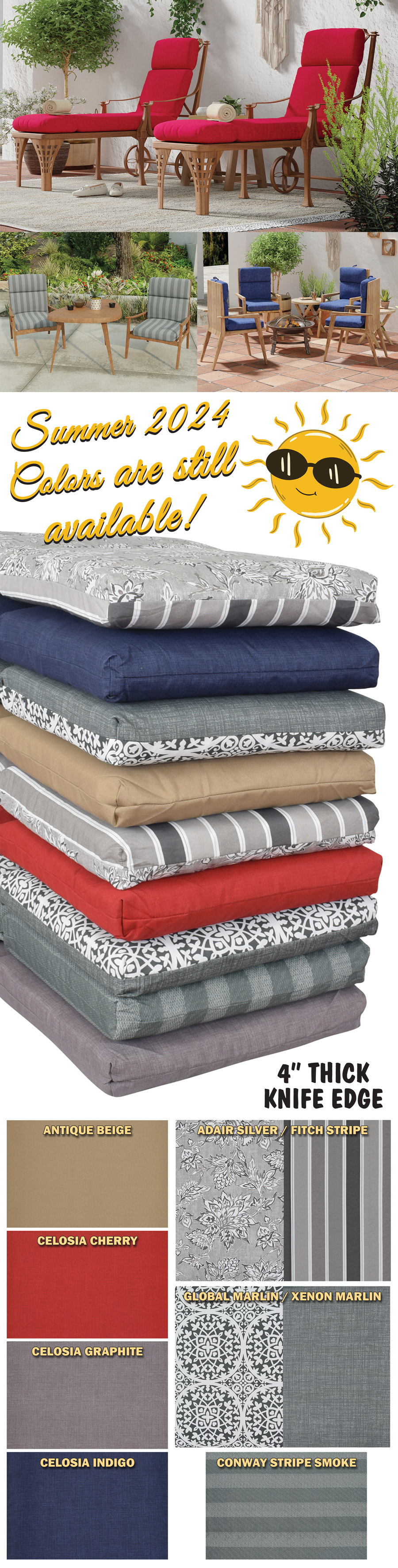 Summer 2024 colors are still available! 4 solid colors plus 3 patterns to choose from, 2 are double sided with different patterns – Antique Beige, Celosia Cherry, Celosia Graphite, Celosia Indigo, Conway Stripe Smoke, Grey Fitch Stripe with Adair Silver floral pattern, and Grey Xenon Marlin with Grey and White Global Marlin circular pattern.