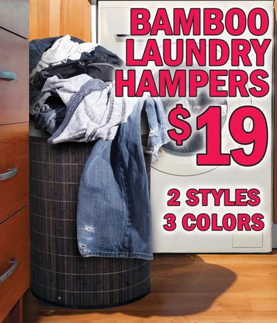 Bamboo Laundry Hampers $19, 2 styles, 3 colors