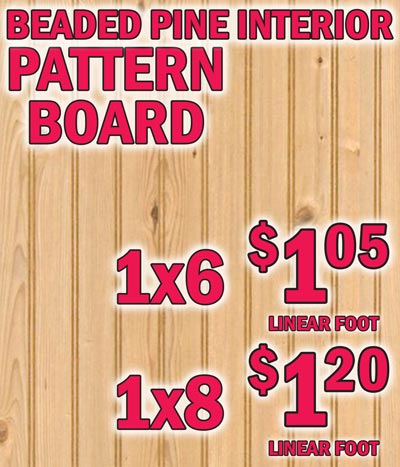 Beaded Pine Interior Pattern Board 1 by 6 $1.05 a linear foot, 1 by 8 $1.20 a linear foot, ready to stain or paint. Beaded pattern board is popularly used for wainscoting. not only does it make a beautiful wall accent, but it adds insulation, and can prevent or cover up damage to walls. It typically covers the lower 3 or 4 feet of an interior wall, but can go from floor to ceiling. It's perfect for Victorian style homes or adding a rustic flare to a room.