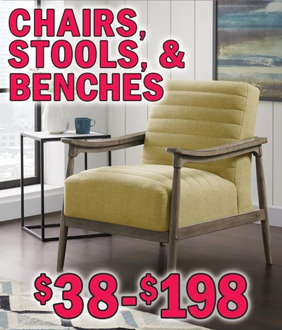 Chairs, Stools, and Benches $38 to $198. Adjustable Stool in Brown-Black with adjustable heights, $38, item number DS25882589501. Dining Chair in Aged Cherry Brown with faux leather seat and back, $66, item number 176C028141. Audrey Upholstered Chair in 2 colors, $166 each, Navy item number 176C307704002 and Zest Yellow item number 176C307704001. Accentrics Upholstered Chair in 2 colors, $188 each, White with black frame item number DSD1537572 and Charcoal with black frame item number DSD1537573. Hayden Upholstered Bench in Linen with brown frame, $98, item number 176C135180. Modern Flint faux leather Chair in Grey with black metal frame, $198, item number DSD369706. Styles may vary by store. Hurry in for best selection.