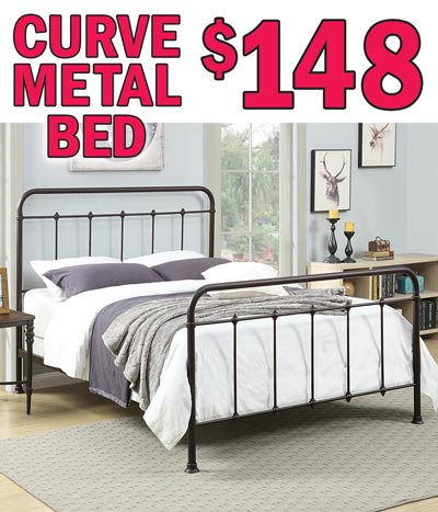 Curve Metal Bed, Queen size - $148, compare online at $579 and up. Gentle curve in the headboard and footboard adds a touch of softness to the classic open slat design. Brown powder-coat finish with distinctive ornamental details characteristic of metal beds. Includes headboard, footboard, side rails, and slats with support legs. Queen item number DS2645290.