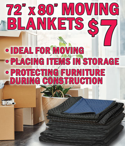 72 inch by 80 inch Moving Blankets $7, ideal for moving, placing items in storage, and protecting furniture during construction.