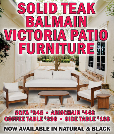 Solid Teak Balmain Victoria Patio Furniture, now available in natural and black - sofa $948, armchair $448, coffee table $398, and side table $168