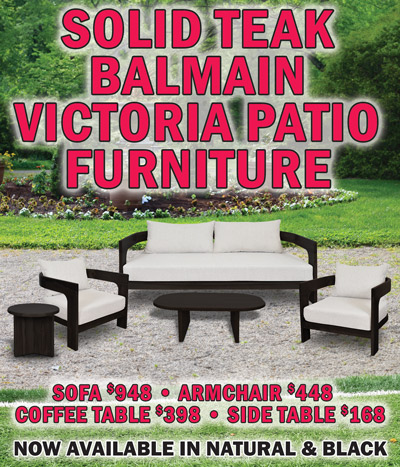 Solid Teak Balmain Victoria Patio Furniture, now available in natural and black - sofa $948, armchair $448, coffee table $398, and side table $168
