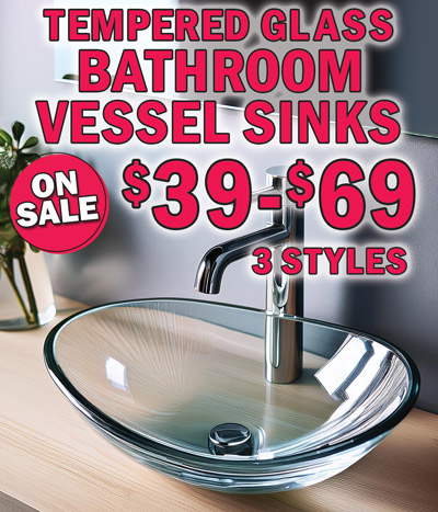 Tempered Glass Bathroom Vessel Sinks on sale $39 to $69, 3 styles