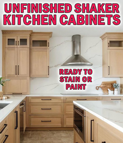 Unfinished Shaker Kitchen Cabinets, ready to stain or paint
