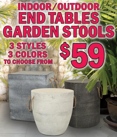 Indoor Outdoor End Tables Garden Stools $48 - 3 styles round, square and tapered, 3 finishes antique white, antique grey, and antique black, made of durable, lightweight fiberstone composite with rope handles
