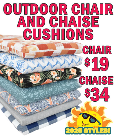 Outdoor Chair and Chaise Cushions, Chair $19, Chaise $34, 7 new styles