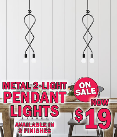 Metal 2 light pendant lights on sale, now $19, available in 3 finishes