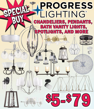 Progress Lighting Chandeliers, Pendants, Bath Vanity Lights, Spotlights, and more $5 to $79